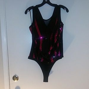 Black And Pink Sequins Bodysuit